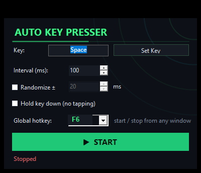 Auto Key Presser Pro app window showing Key Space, interval 100 ms, Hold key down option, global hotkey F6 and a green START button