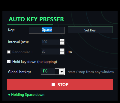 Auto keyboard clicker window showing hold key down mode enabled for hold W style automation